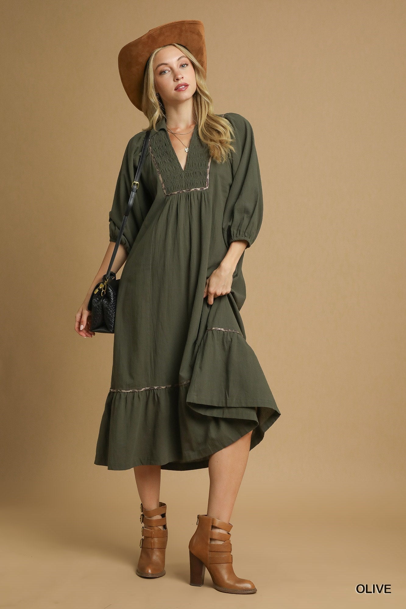 Caitlyn Collared Animal Print Trim Midi Dress