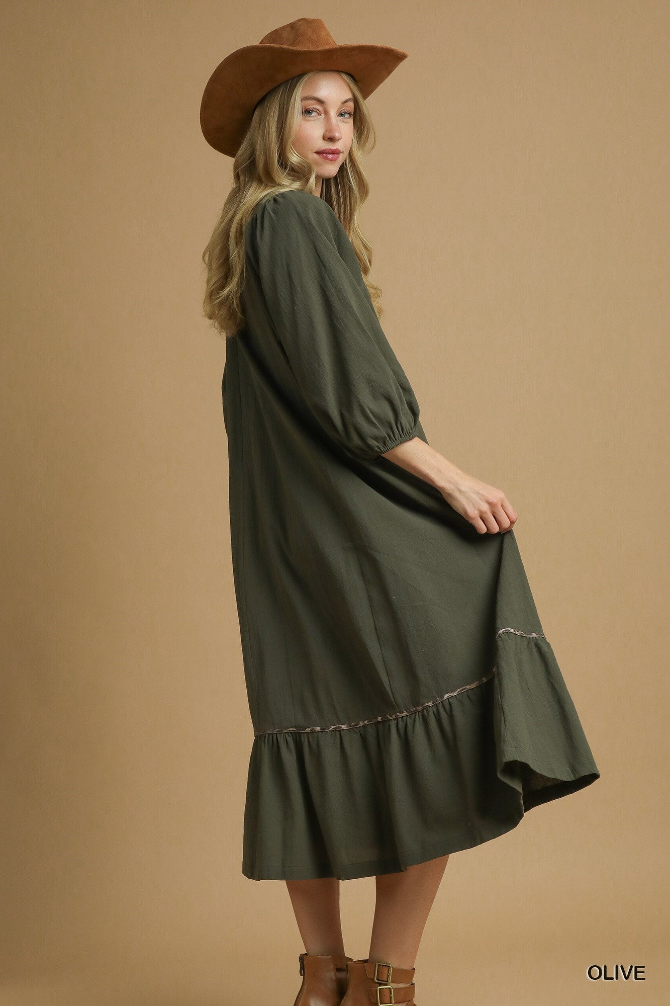 Caitlyn Collared Animal Print Trim Midi Dress
