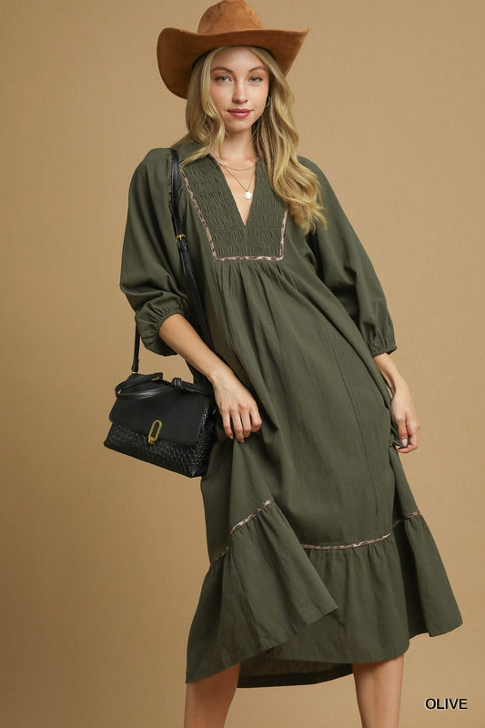 Caitlyn Collared Animal Print Trim Midi Dress